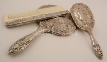 Fém borítású hajkefe, kézi tükör, fésű, jelzés nélkül, m:19-24 cm