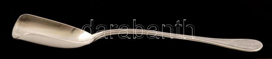 Ezüst(Ag) hosszú nyelű fűszerkanál, gravírozással, jelzett, h: 13 cm, nettó: 14,9 cm