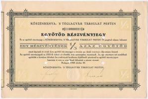 Budapest 1928. "Kőszénbánya- 's Téglagyár Társulat Pesten" egyötöd részvényjegye 75P-ről, szárazpecséttel, lyukasztással T:III ragasztott