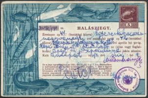 1941 Bp., Budapesti lakos számára kiállított halászjegy 5 pengős benyomott okmánybélyeggel / fishing ticket