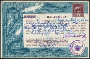 1941 Bp., Budapesti lakos számára kiállított halászjegy 5 pengős benyomott okmánybélyeggel / fishing ticket