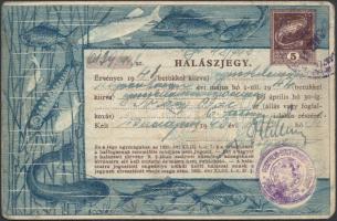 1941 Bp., Budapesti lakos számára kiállított halászjegy 5 pengős benyomott okmánybélyeggel / fishing ticket