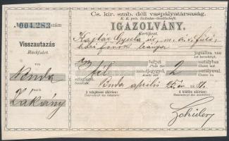 1887 Cs. Kir. Déli Vaspálya Társaság igazolványa