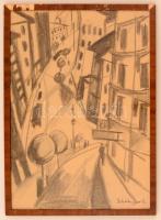 Schönberger jelzéssel: Utca. Szén, papír, üvegezett keretben, 49×39 cm