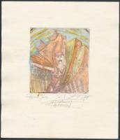 Olvashatatlan jelzéssel: Pszeudo Ikarusz. Színezett rézkarc, papír, 11×10 cm