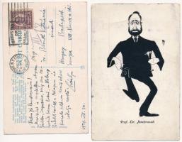 Jendrassik Loránd (1896-1970) orvos, fiziológus karikatúrás képeslapja és egy általa küldött képeslap New Yorkból