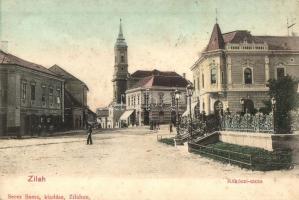 Zilah, Zalau; Rákóczi utca, Ifj. Bokor István és Materny János üzlete / street view, shops