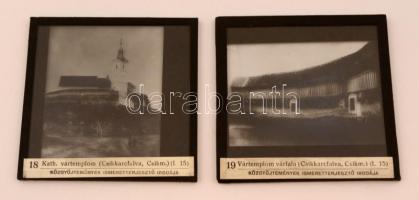 cca 1920-1940 Vártemplom várfala(Csikkarcfalva, Csík megye), 2 db üvegdia, Közgyűjtemények Ismeretterjesztő Irodája, 8,5x8,5 cm