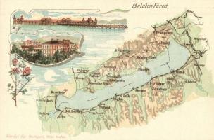 Balatonfüred, Balaton térkép, Károlyi Gy. kiadása, floral litho