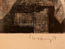 Surányi Nándor (?-): Tobozok. Rézkarc, papír, jelzett, üvegezett keretben, 24×28 cm