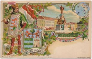 Arad, Vértanú szobor, Arad megye címere, Athenaeum Rt. kőnyomda / statue, coat of arms, floral litho s: Zich (EK)