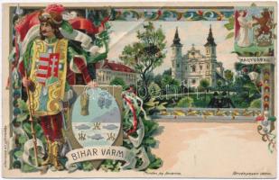 Nagyvárad, Oradea; Bihar vármegye címere; Athenaeum Rt. kőnyomdája / coat of arms, floral, litho (fa)