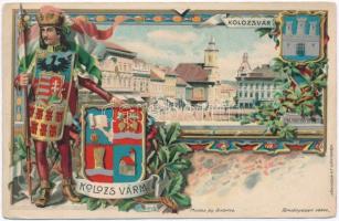 Kolozsvár, Cluj; Kolozsvár vármegye címer, zászló, Athenaeum Rt. kőnyomda / county coat of arms, floral, litho s: Zich (EK)