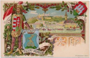 Pozsony, Pressburg, Bratislava; Pozsony vármegye címer, zászló, Athenaeum Rt. kőnyomda / county coat of arms, floral, litho s: Zich (vágott / cut)