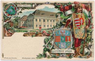 Nagykároly, Carei; Szatmár vármegye címere; Athenaeum Rt. kőnyomdája / coat of arms, floral, litho (EK)