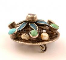 Antik ezüst (Ag.) bross zománccal, gyönggyel, türkizzel, bruttó:7,2 g