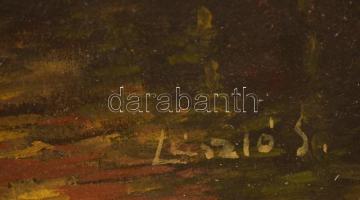 László jelzéssel: Rakodás a bárkára. Olaj, vászon, apró lyukkal, 52×48 cm