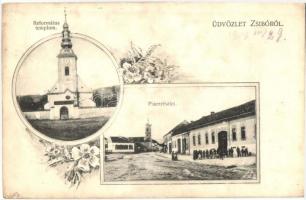 Zsibó, Jibou; Református templom, Piac részlet, szecessziós lap / Calvinist church, market, floral