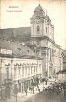 Kolozsvár, Cluj; Piaristák temploma, útépítés, Hermann Herman úri szabó, Somi Imréné, Schwartz József és Muntyán Péter üzlete / church, shops, road construction