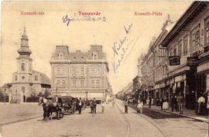 Temesvár, Timisoara; Kossuth tér, Adler Ignácz, Csendes és Fischer, Szana Lajos és Deutsch R. Rezső üzlete, Takarékpénztár / square, shops, savings bank (EK)