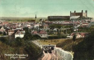 Pozsony, Pressburg, Bratislava; Alagút gőzmozdonnyal, vár a háttérben / railway tunnel with locomotive, castle (EK)