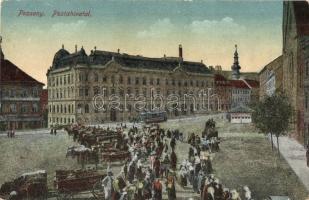 Pozsony, Pressburg, Bratislava; Postahivatal, piac, villamos / post office, market, tram