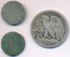 3db-os vegyes sérült, rossz tartású külföldi ezüstpénz tétel, közte Amerikai Egyesült Államok ~1916-1947. 1/2$ Ag "Walking Liberty", Svájc 1850BB 10r Billon T:3,3- több ü. 3pcs of various damaged silver coins, including USA ~1916-1947. 1/2 Dollar Ag "Walking Liberty", Switzerland 1850BB 10 Rappen Billon C:F,VG several dings