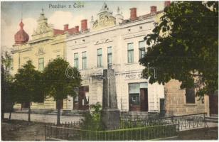 Csaca, Cadca, Caca; emlékmű, Jindrich üzlete, bank, kiadja Emil Taub / monument, shop, bank