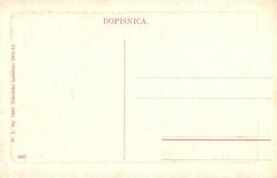 Zagreb, Ilica, Isidor Strassberger, Roneo és Armin Schreiner üzlete, szobor, villamos, W. L. Bp. 746...