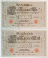 Német Birodalom 1910. 1000M (4x) hétjegyű sorszám, piros pecséttel, sorszámkövetők 2+2 T:II-
German...