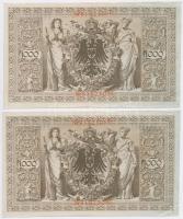 Német Birodalom 1910. 1000M (4x) hétjegyű sorszám, piros pecséttel, sorszámkövetők 2+2 T:II-
German...