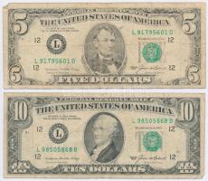 Amerikai Egyesült Államok 1985. 5$ "Abraham Lincoln" + 10$ "Hamilton" zöld pecséttel "Federal Reserve Note" T:III,III- USA 1985. 5 Dollars "Abraham Lincoln" + 10 Dollars "Hamilton" with green seal "Federal Reserve Note" C:F,VG