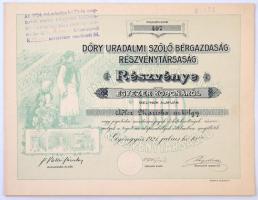 Gyöngyös 1921. "Dőry Uradalmi Szőlő Bérgazdaság Részvénytársaság" névre szóló részvénye 1000K-ról, szelvényekkel, szárazpecséttel, névérték növelésről szóló felülbélyegzéssel T:I- / Hungary / Gyöngyös 1921. "Dőry Uradalmi Szőlő Bérgazdaság Részvénytársaság" Vinery company share, with the shareholders name about 1000 Korona, with coupons, embossed stamp and cancellation about par value raising C:AU