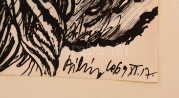 Szilvássy Nándor (1927-2011): Sci-fi jelenet. Tus, papír, jelzett, szakadásokkal, 25×16 cm