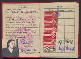 1948 Magyar Kommunista Párt tagsági könyve, Rákosi Mátyás pecsételt aláírásával, tagdíjbélyegekkel