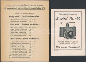 cca 1930-1941 Az egyesült Magyar Amatőrfényképezők Országos Szövetsége VII. Nemzetközi Művészi Fényképkiállításának programja + Használati útmutató az "Alpha" Nr. 490 fényképezőgéphez