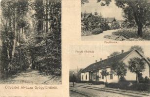 Alváca-gyógyfürdő, Vata de Jos; Fősétány, vasútállomás, pavilonok / promenade, railway station, pavilions (EK)