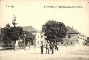 Somorja, Samorin; Városháza a Szentháromság szoborral, Goldstein József kiadása / town hall, statue