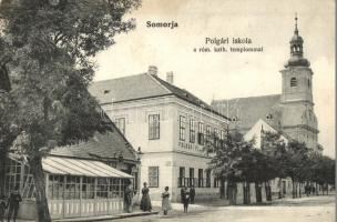 Somorja, Samorin; Polgári Iskola a Római katolikus templommal, üzlet / school, Roman catholic church, shop