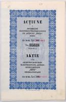 Románia / Nagyszeben 1930. "Societatii Electrice Transilvanene pe actiuni 'Seta' Sibiu - Siebenbürgsichen Elektrizitäts-Aktiengesellschaft 'Seta' Hermannstadt (Erdélyi Elektromos Részvénytársaság 'Seta' Nagyszeben)" részvénye 500L-ről, felülbélyegzésekkel T:1- / Romania / Sibiu 1930. "Societatii Electrice Transilvanene pe actiuni 'Seta' Sibiu - Siebenbürgsichen Elektrizitäts-Aktiengesellschaft 'Seta' Hermannstadt" Transylvanian Electric Company share about 500 Lei with overprints C:AU