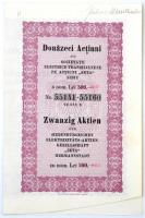 Románia / Nagyszeben 1930. Societatii Electrice Transilvanene pe actiuni Seta Sibiu - Siebenbürgsichen Elektrizitäts-Aktiengesellschaft Seta Hermannstadt (Erdélyi Elektromos Részvénytársaság Seta Nagyszeben) öt részvénye egyben 500L-ről, felülbélyegzésekkel T:1- vágáshiba / Romania / Sibiu 1930. Societatii Electrice Transilvanene pe actiuni Seta Sibiu - Siebenbürgsichen Elektrizitäts-Aktiengesellschaft Seta Hermannstadt Transylvanian Electric Companys five share in one about 500 Lei with overprints C:AU cutting error