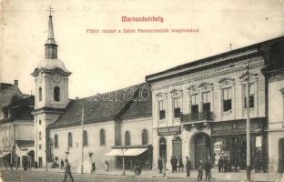 Marosvásárhely, Targu Mures; Fő tér, Szent Ferenc rendiek temploma, Heszke József fodrászterme, Dohány és szivar nagytőzsde / main square, church, shops (EK)