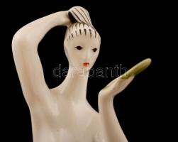 Zsolnay tükrös fésülködő akt, kézzel festett, jelzett, hibátlan, m:22 cm