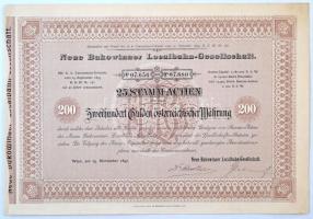 Ausztria / Bécs 1897. "Neue Bukowinaer Localbahn-Gesellschaft (Új Bukovinai Helyiérdekű Vasúttársaság)" huszonöt darab részvénye egyben, összesen 5000G értékben, szelvényekkel T:II apró ragasztás / Austria / Wien 1897. "Neue Bukowinaer Localbahn-Gesellschaft" New Bukovinian Local Railway Company's twenty-five share in one about in total sum of 5000 Guldens, with coupons C:XF tiny gluemark