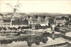 Lugos, Lugoj; Temes folyó a híddal, Délmagyarországi Bank / bank, river, bridge