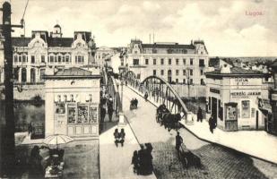 Lugos, Lugoj; híd, utcakép, Merzig Jakab üzlete / bridge, street view, shop