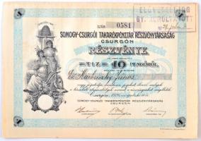 Csurgó 1926. "Somogy-Csurgói Takarékpénztár Részvénytársaság" névre szóló részvénye 10P-ről, szelvényekkel, szárazpecséttel, bélyegzéssel T:II / Hungary / Csurgó 1926. "Somogy-Csurgói Takarékpénztár Részvénytársaság" Savings Bank's share, with the shareholders name, coupons, embossed stamp and cancellation C:XF