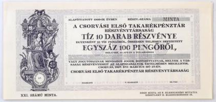 Csorvás 1927. "Csorvási Első Takarékpénztár Részvénytársaság" minta részvénye 100P-ről, "XXI. SZÁMÚ MINTA" jobb alsó sarokban "EZEN MINTA AZ F. ELRENDEZÉST MUTATJA KÉSZÜLHET - H. ELRENDEZÉSBEN IS." felirattal, szelvényekkel T:I- / Hungary / Csorvás 1927. "Csorvási Első Takarékpénztár Részvénytársaság" Savings Bank's specimen share, "No. 21 Specimen" in Roman numerals, in the lower right corner "This Specimen shows design F. - It might be printed in desgin H. as well", with coupons C:AU