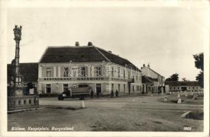 Köpcsény, Kittsee; Fő tér, Hauswirth étterem, szobor / Hauptplatz, Restaurant / main square, restaurant, statue, automobile