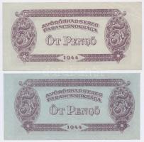 1944. 5P "A Vörös Hadsereg Parancsnoksága" (2x) eltérő szín és méret T:III szép papír